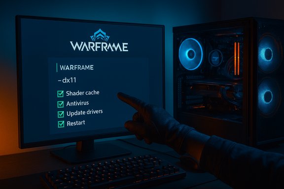 A gloved hand points at a Warframe setup screen showing a checklist on a blue-lit gaming PC.