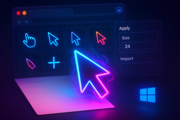Neon cursor icons glow on a laptop screen, with a large glowing arrow cursor in front. Neon cursor icons glow on a laptop screen, with a large glowing arrow cursor in front.