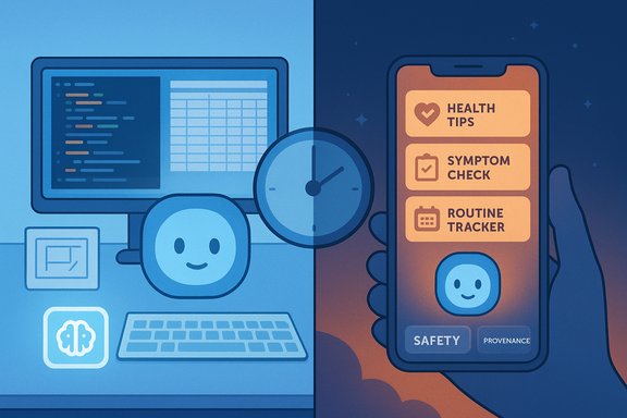 Split-screen: a desk setup on the left and a smartphone showing health tips and symptom tracking on the right.