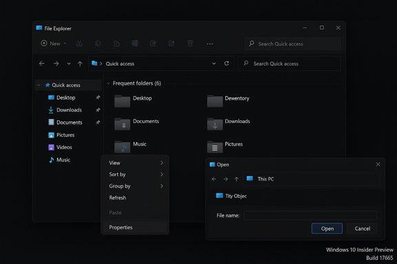 Dark-mode Windows 10 File Explorer with Quick access folders and an Open dialog.