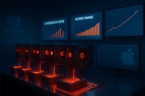 Row of glowing red GPU mining rigs beneath screens displaying charts.