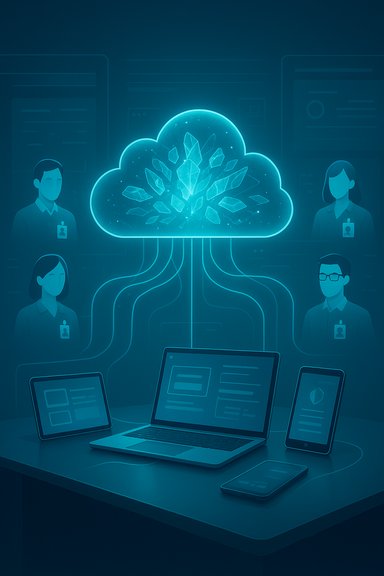 A neon cloud with crystal shards links multiple devices in a tech-team setup.