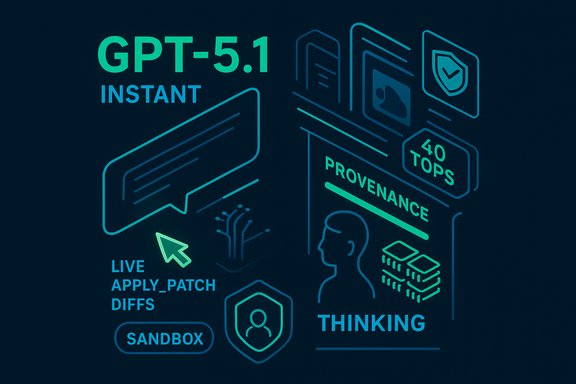 GPT-5.1 Instant: a neon schematic of thinking, sandbox, provenance, and patches.