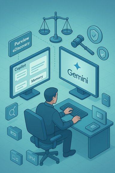 A person at a desk uses AI tools Gemini and Copilot, surrounded by legal and security icons.