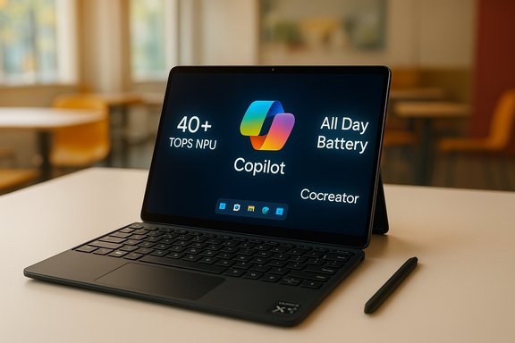 A sleek tablet-laptop on a desk displays Copilot with 40+ TOPS NPU and all-day battery.