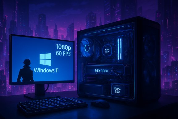 Neon-lit PC setup with RTX 3080, Windows 11, and a cyberpunk city backdrop.