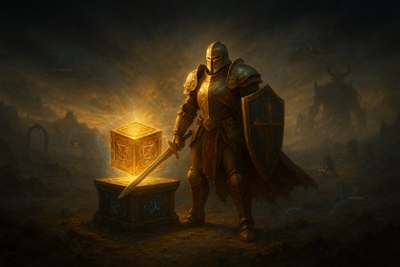Armored knight with shield stands beside a glowing gold cube on a pedestal in a dark, ruined landscape.