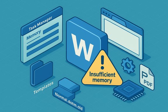 Isometric illustration of a Word icon with an 'Insufficient memory' warning among memory and UI elements.