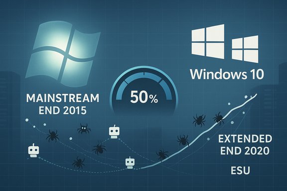 Windows 10 support timeline infographic: mainstream ends 2015, extended ends 2020 (ESU).