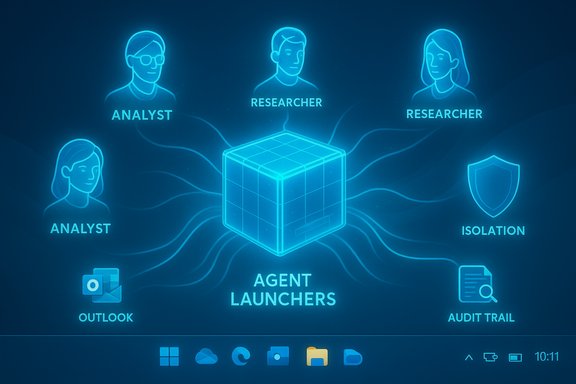 Neon diagram: central Agent Launchers cube connects analysts, researchers, isolation, Outlook, and audit trail.