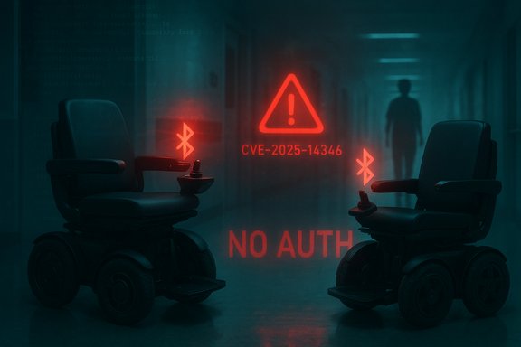 Dim corridor with two motorized wheelchairs bathed in red warning glow, displaying CVE-2025-14346 and NO AUTH.