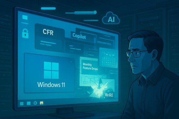 A man studies a Windows 11 dashboard with Copilot features on a large screen.