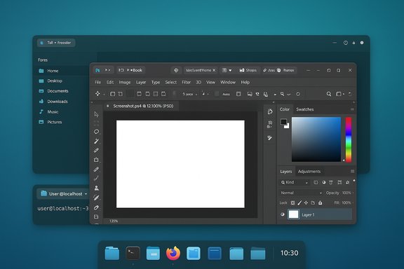 A dark image-editing window layered over a teal desktop with file panels and color tools.