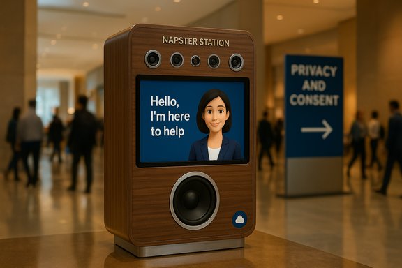 A wooden Napster Station kiosk with a friendly avatar on screen saying, 'Hello, I'm here to help,' in a busy lobby.