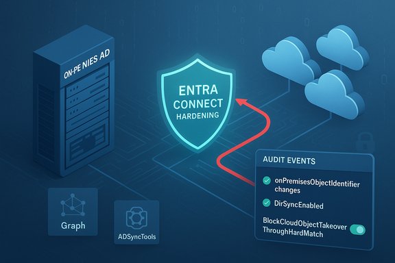 ENTRA CONNECT hardening depicted with a shield, a server rack, cloud icons, and audit events panel.