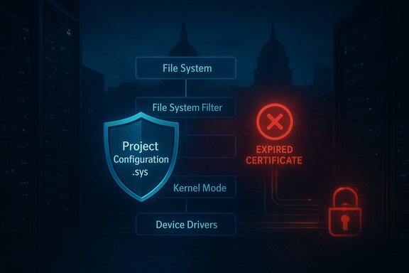 Blue shield labeled Project Configuration sits within a file system flow beside a red expired certificate.