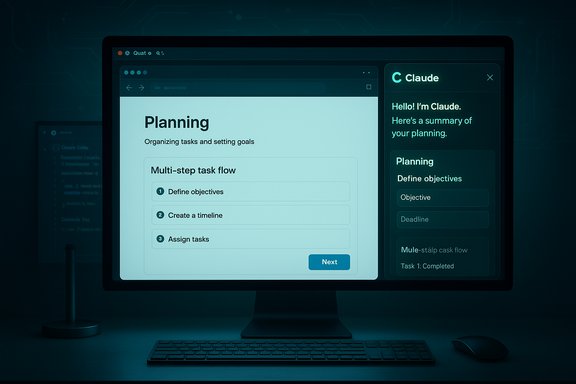 A computer monitor displays a planning app with a multi-step task flow and a Claude chat panel.
