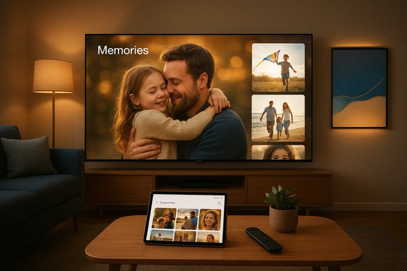 Cozy living room with a family hug on the 'Memories' TV screen and a photo gallery on the tablet. Cozy living room with a family hug on the 'Memories' TV screen and a photo gallery on the tablet.