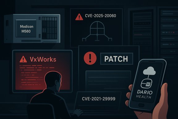Cybersecurity scene showing CVE alerts, a VxWorks patch, and a DARIO Health mobile screen.