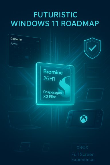 A futuristic poster showing Windows 11 roadmap with glowing chip icons and devices.