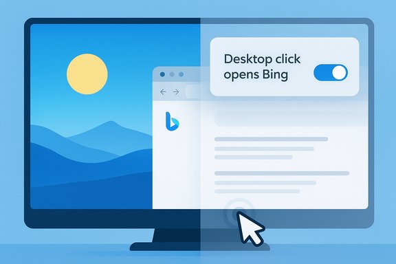 A computer monitor displays a Bing search window with a toggle switch and a cursor clicking.