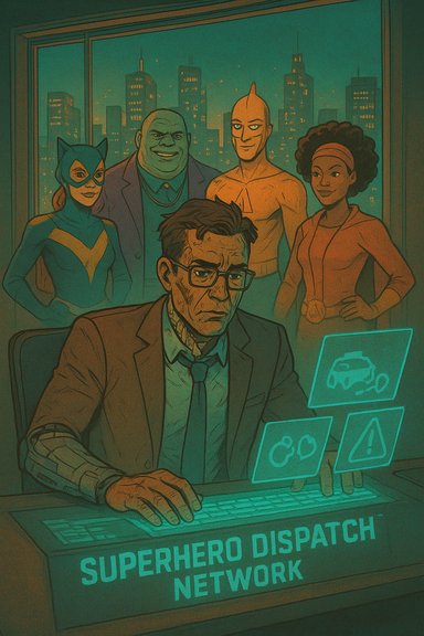 Exhausted agent at the Superhero Dispatch Network monitors holographic screens while a team of heroes stands behind him.