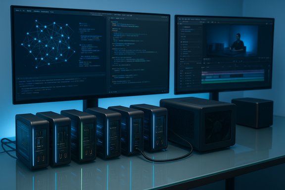 Row of compact servers with glowing blue LEDs on a desk, dual-monitor coding and video editing setup.