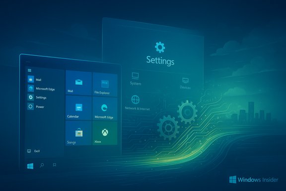 Blue-tinted Windows UI with Start menu tiles and a large Settings panel.