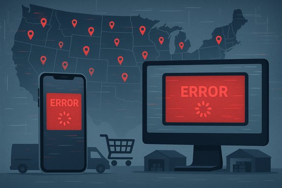 US map with red outage pins; phone and monitor both display ERROR with a loading symbol.