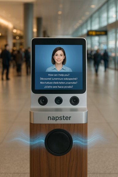 A tall touchscreen kiosk with a friendly avatar, labeled 'napster,' stands in a busy airport.