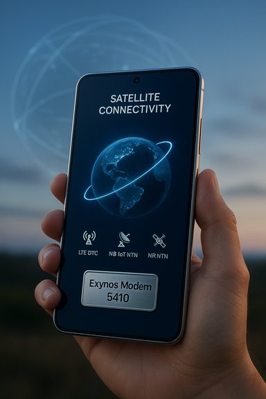 Smartphone screen shows 'Satellite Connectivity' with a glowing Earth and orbit ring.