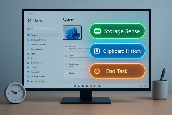 Monitor shows Windows Settings with neon-styled Storage Sense, Clipboard History, and End Task buttons.
