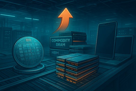 Data center with commodity DRAM and HBM stacks, an upward orange arrow, and laptops.