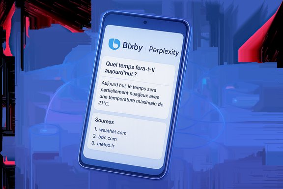 Phone screen shows Bixby Perplexity with a French weather forecast.
