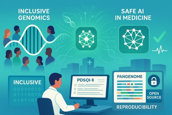 A researcher analyzes genomic data on a computer, highlighting inclusive genomics and safe AI in medicine.