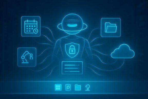 Neon cybersecurity illustration of a shielded figure connected to cloud, files, calendar, and robotics icons.
