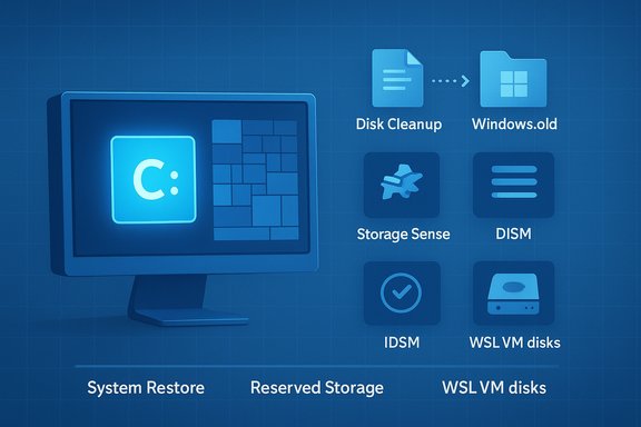 Blue Windows storage management infographic showing Disk Cleanup, Storage Sense, DISM, and WSL disks. Blue Windows storage management infographic showing Disk Cleanup, Storage Sense, DISM, and WSL disks.