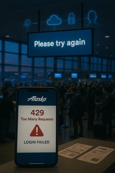 Alaska app shows 429 Too Many Requests; login failed in a crowded airport terminal.