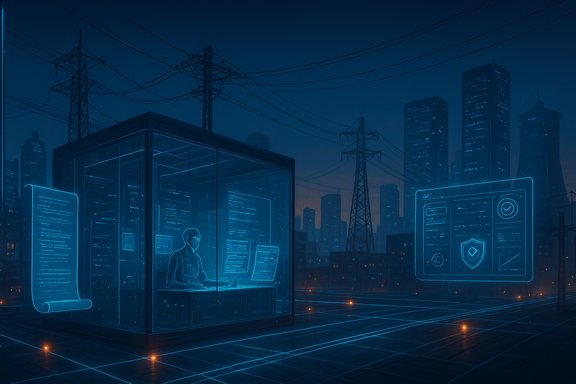 A futuristic data hub with a person in a glass booth, surrounded by neon holographic documents.