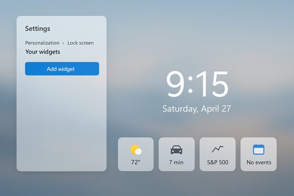 IOS lock screen with a Settings panel on the left and a row of widgets below the 9:15 time.