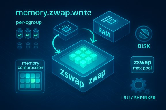 Neon diagram of memory.zwap.write flow with zswap, compression, RAM, and swap pool.