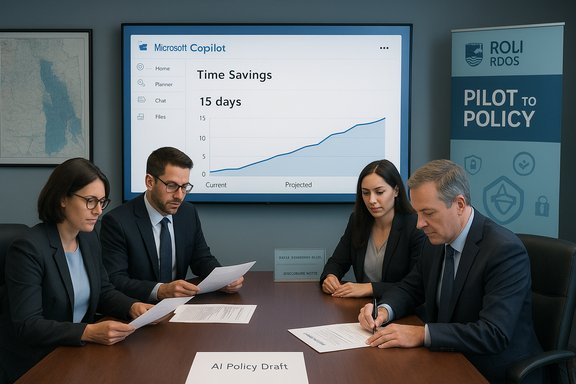 Four professionals sign an AI policy draft in a boardroom as a Time Savings chart appears on the screen.