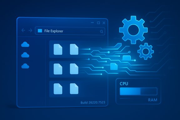 A futuristic blue file explorer UI with circuit traces and gears.