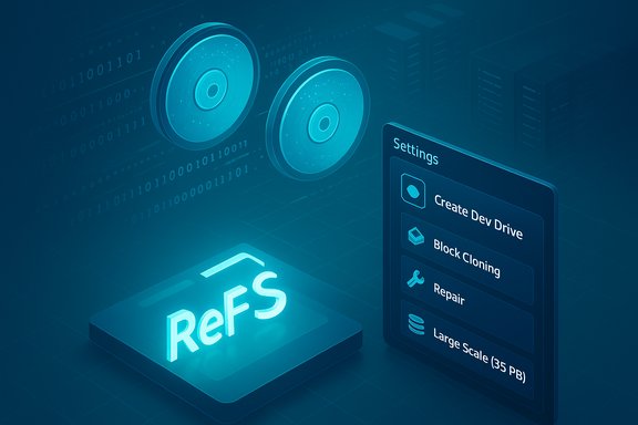 Blue futuristic data-storage scene with disks, a RefS module, and a Dev Drive settings panel.