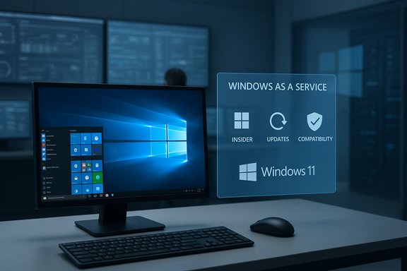 Windows 11 desktop on a monitor with a translucent 'Windows as a Service' overlay. Windows 11 desktop on a monitor with a translucent 'Windows as a Service' overlay.