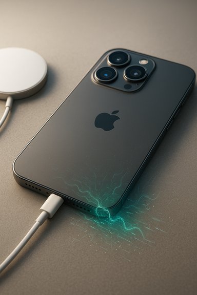A sleek iPhone with triple cameras charging via a cable, glowing teal energy at the base.