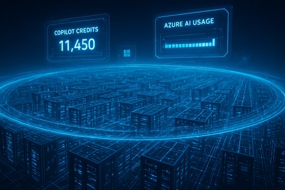 Futuristic blue data center with holographic dashboards displaying Copilot credits and Azure AI usage.