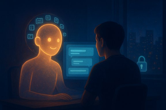 A person chats with a glowing orange AI hologram beside a blue chat screen at night. A person chats with a glowing orange AI hologram beside a blue chat screen at night.