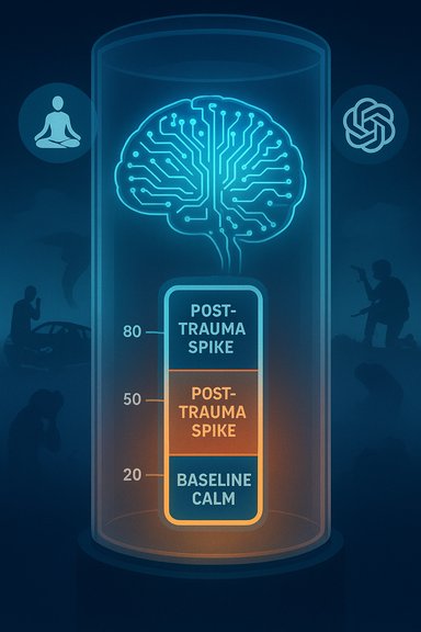 A futuristic glass capsule displays a neon brain and a scale from baseline calm to post-trauma spike.