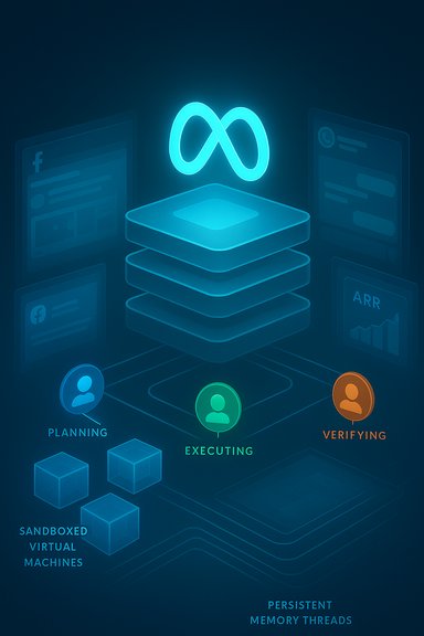 Neon blue infographic of stacked servers with stages planning, executing, verifying, and sandboxed machines.